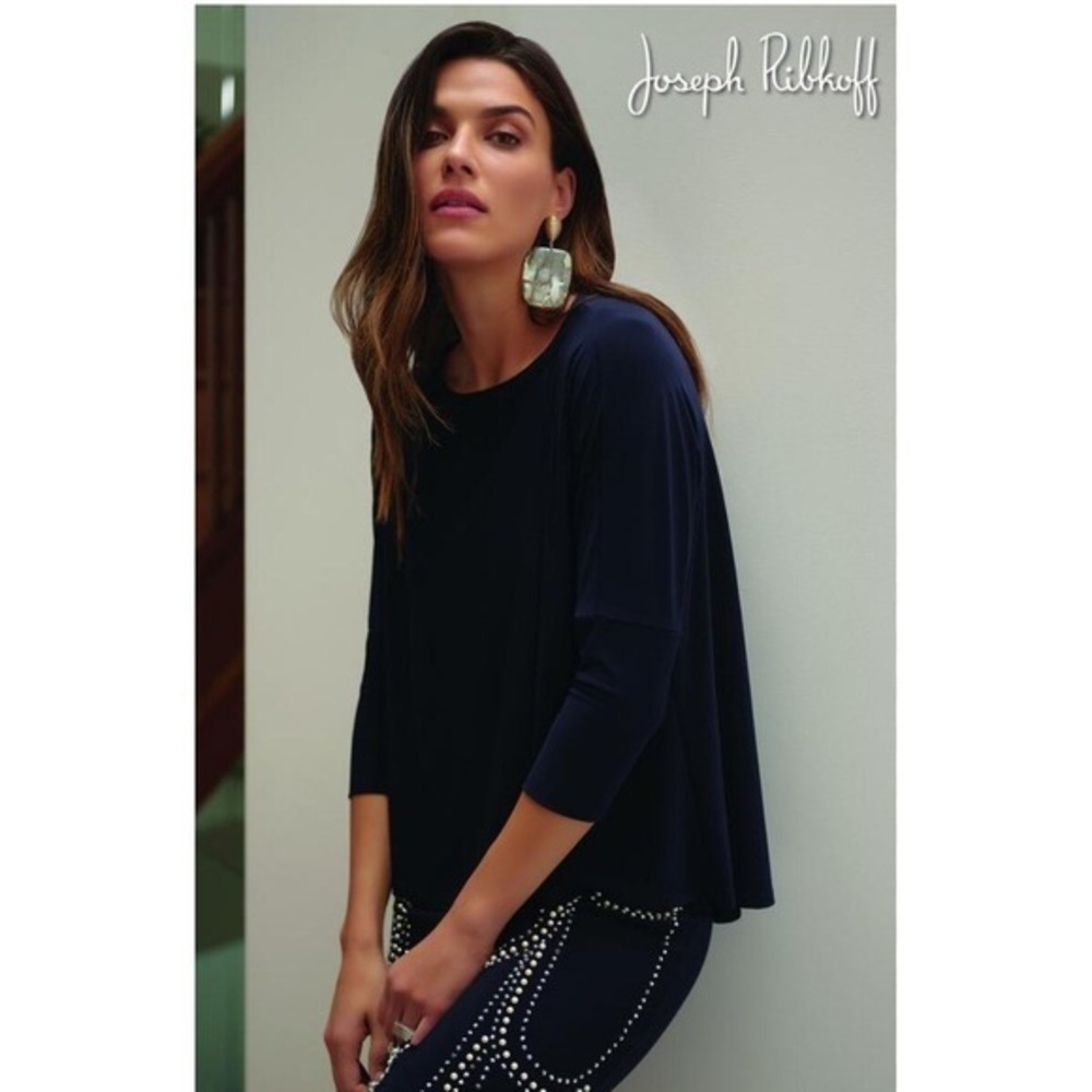 Joseph Ribkoff Tunic Top Blouse 2 Scoop Neck Dolman Sleeve Lagenlook Navy‎ Blue
